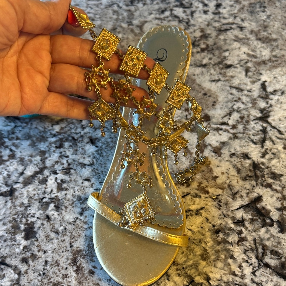 Wild Rose Metallic Gold Jeweled T-Strap Sandals - Picture 2 of 7